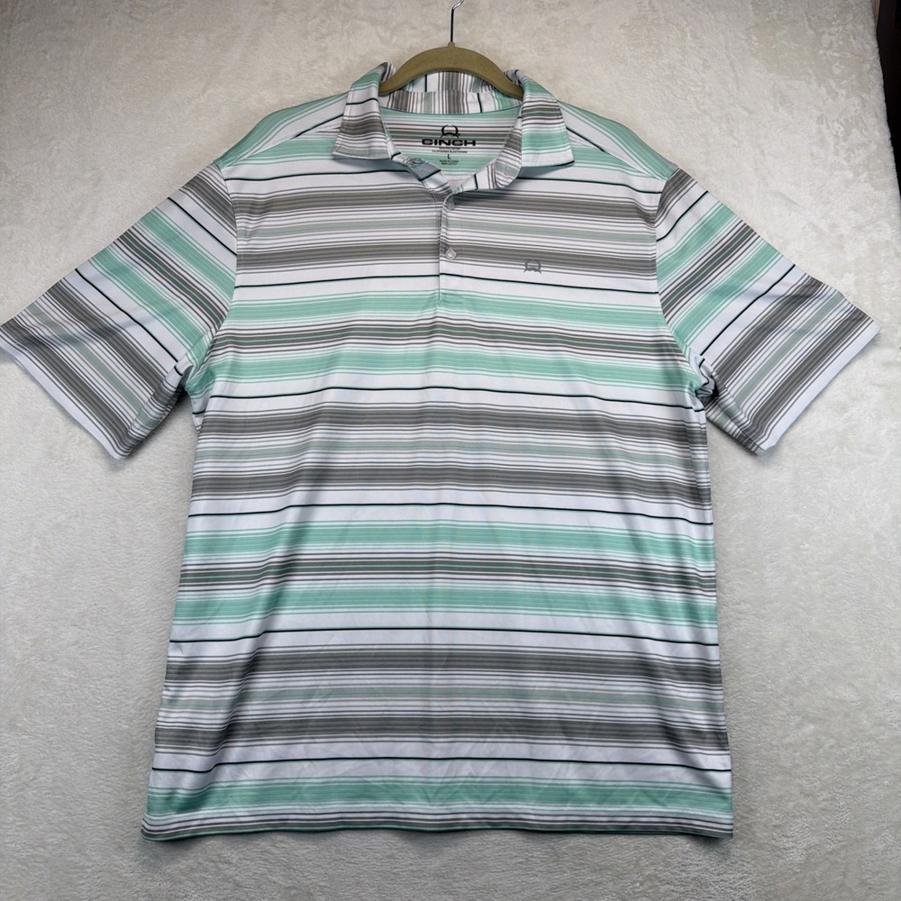 Cinch Men's Performance Polo Shirt Large Striped Stretch Western Golf Green Gray